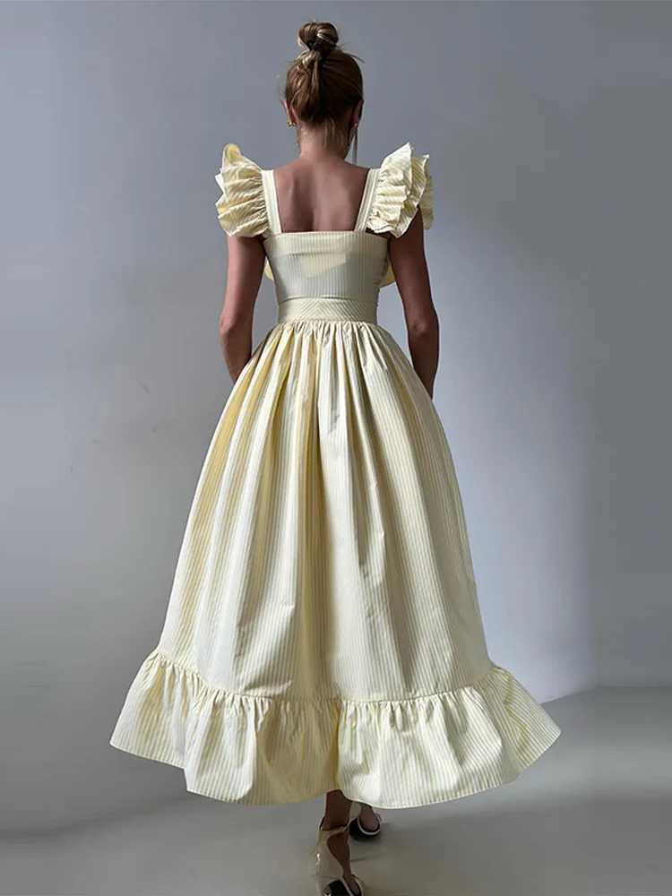 Flying Sleeve Ruffle Striped Slip Long Dress Women Elegant Square Collar Waist Cinching Pleat Party Dresses Chic Ladies Vestido XJ250610