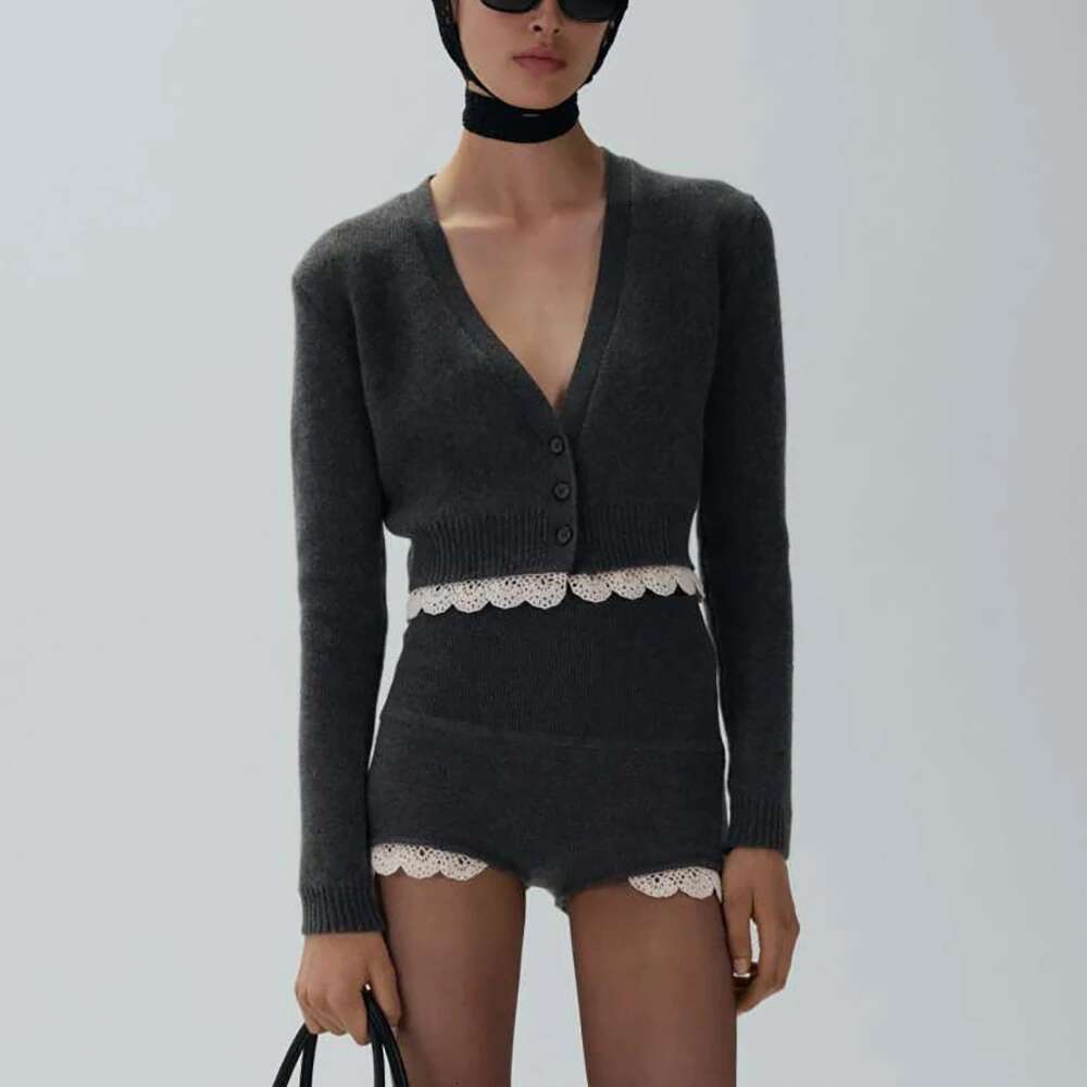 Wool Blend Women Cardigan Y2k Lace Temperament Elegant V-Neck Long Sleeve Knit Top Sweater 2025 Spring New