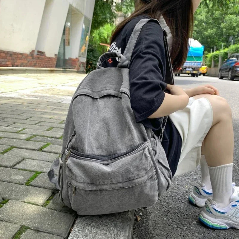 Gray Denim Backpack Womens Leisure Travel Outing Shoulder Bag Female Fashion Schoolbags Suitable For And Mochila 250606