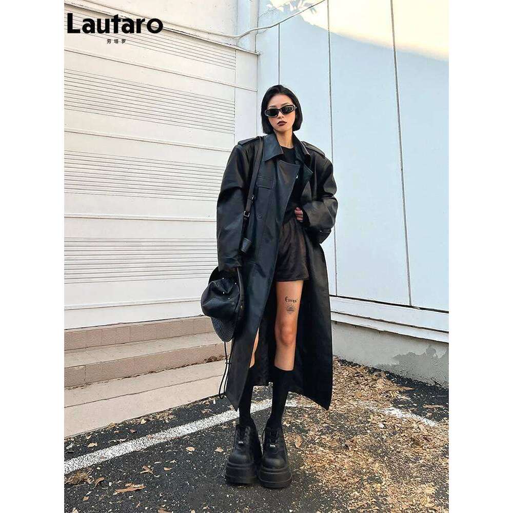Lautaro-Long PU Leather Trench Coat for Women, Oversized, Double Breasted, Loose, Designer Clothes, Black, Brown, Spring