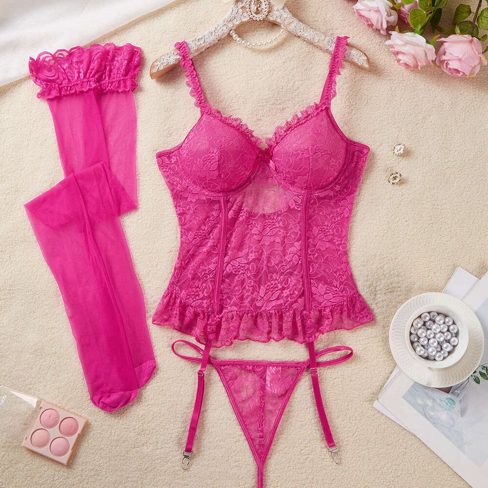 Spell Lingerie Porn Suits Purple Lace Sexy Vest Lingerie Bra Set Stockings Garter Belt Temptation Sexy Lingerie