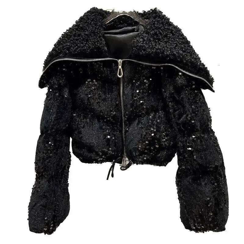 Autumn Winter Women Cotton-padded Coat Fleece Navy Collar Shiny Sequins Veet Short Parkas Casual Loose Female Wadded Jackets