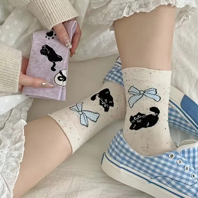 Women's Mid-Calf Socks - Adorable Cat & Bowknot Design, Soft Pastel Color Palette, Fun Cartoon Patterns, Suitable for Casual & Formal Wear, Soft 