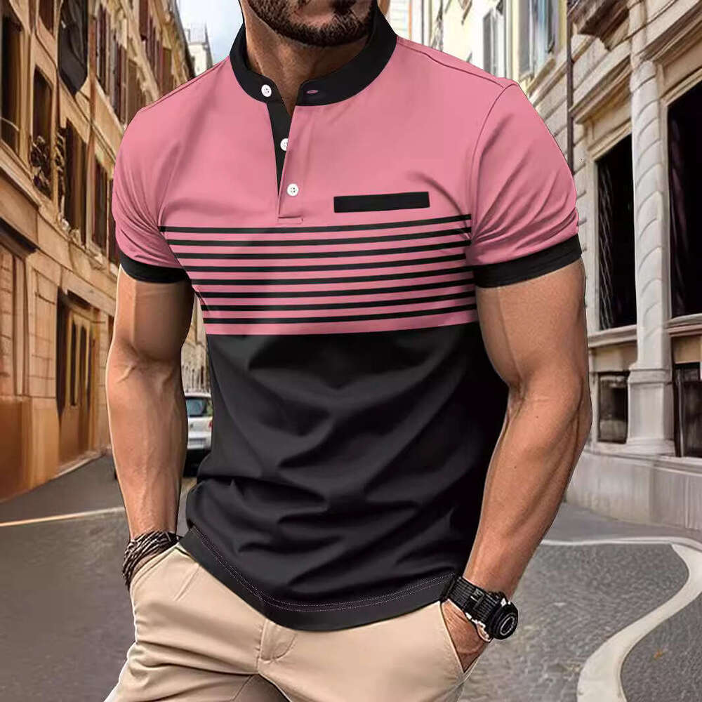 Summer New Fashion Striped Stand Collar Short Sleeve Polo Men's Golf Henley Shirt B5