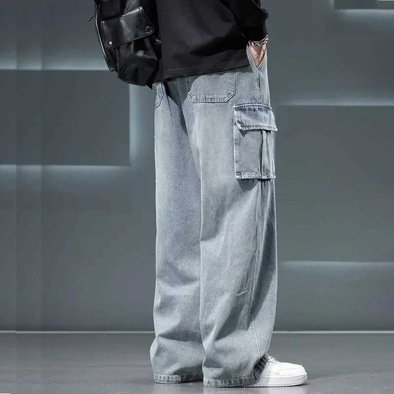 8XL Jeans New Wide Leg Washing Pants Men Trousers Neutral Solid Color Loose Casual Korean Fashion Pocket Plus Size Cargo Pants M250610