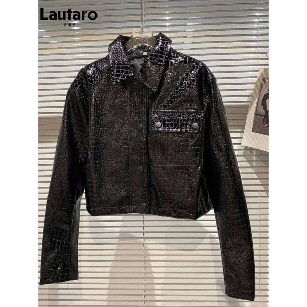 Lautaro-Short Black Patent Leather Jacket For Women, Shiny Reflective Crocodile Print, Long Sleeve, Cool Fashion, Spring,