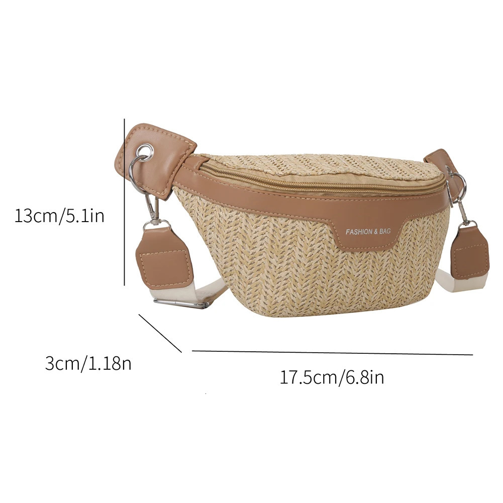 Womens Waist Pack Leather Straw Woven Chest Bag Travel Casual Shoulder Crossbody Bags For Women Summer Fanny Purse 250605