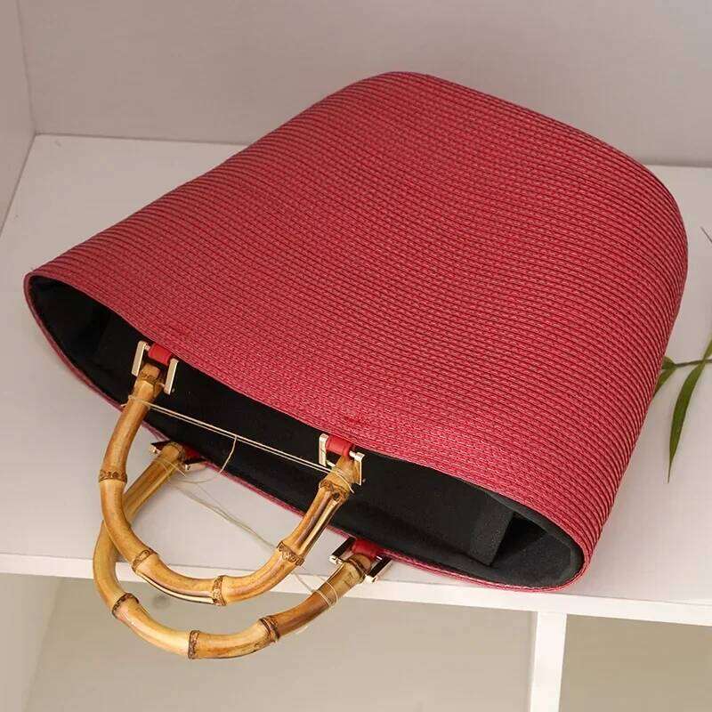 Large Capacity Bamboo Handle Straw Casual Rattan PP Grass Woven Color Matching Striped Tote Summer Beach Shoulder Bag