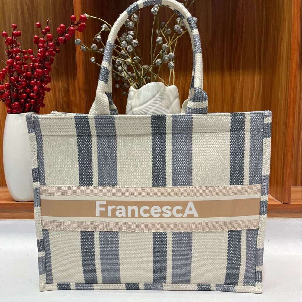 2024 New Canvas Embroidered Digital Print Student Large Capacity Tote Office Commute Striped Bag
