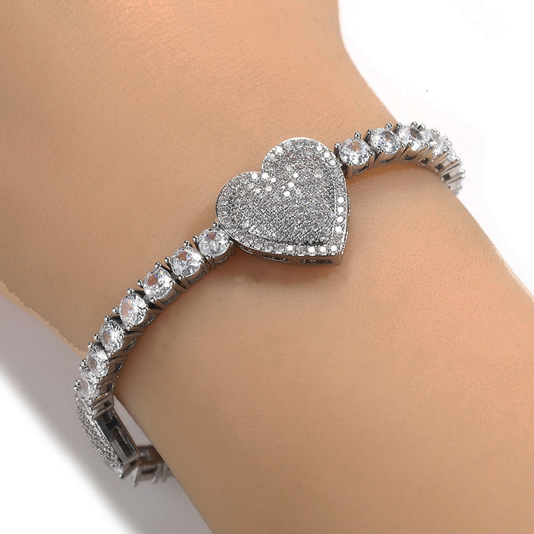 New In Full Diamond Love Heart Charm Diamond Tennis Chain Bracelet Top Quality Iced Out Cubic Zirconia Hip Hop Wedding Bangle Briaces For Women Jewelr