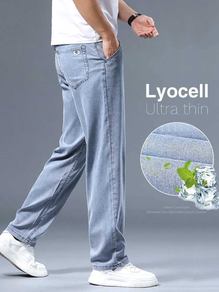 Summer Ultra-thin Mens Jeans Lyocell Soft Breathable Loose Straight Light Blue Denim Pants Business Casual Ice Silk Trousers M250610