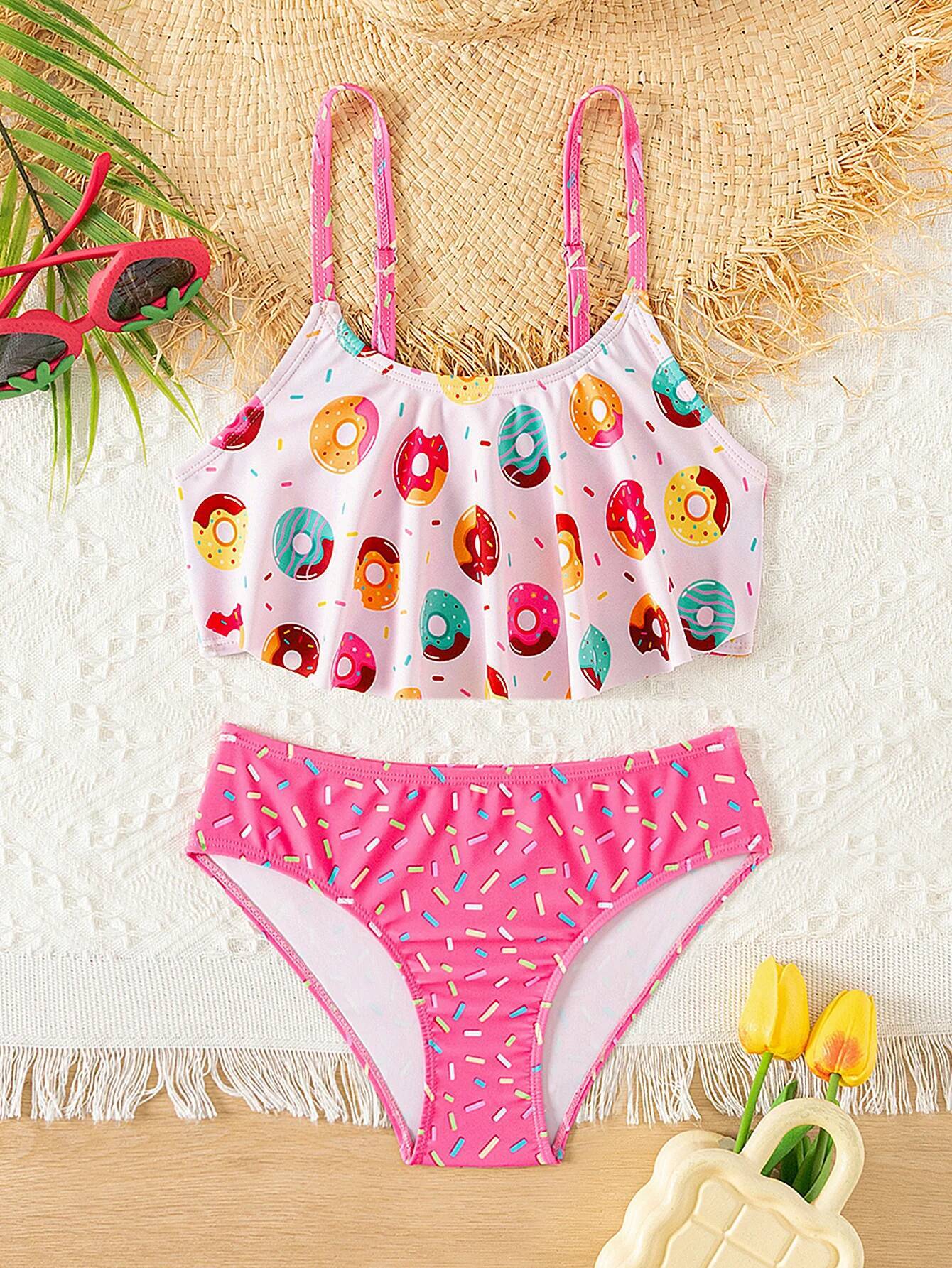 Donut Print Ruffle Deco Bikini Set Summer Beach Outdoor Cute 2-piece swimwear Contrast Adjustable Girls Kids Swimsuit
