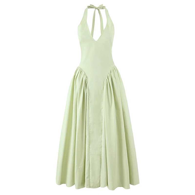 YENKYE Sexy Backless Green Elegant Halter Dress For Women Low Waist A-line Midi Summer Evening Party Dresses Cotton Robe XJ250610