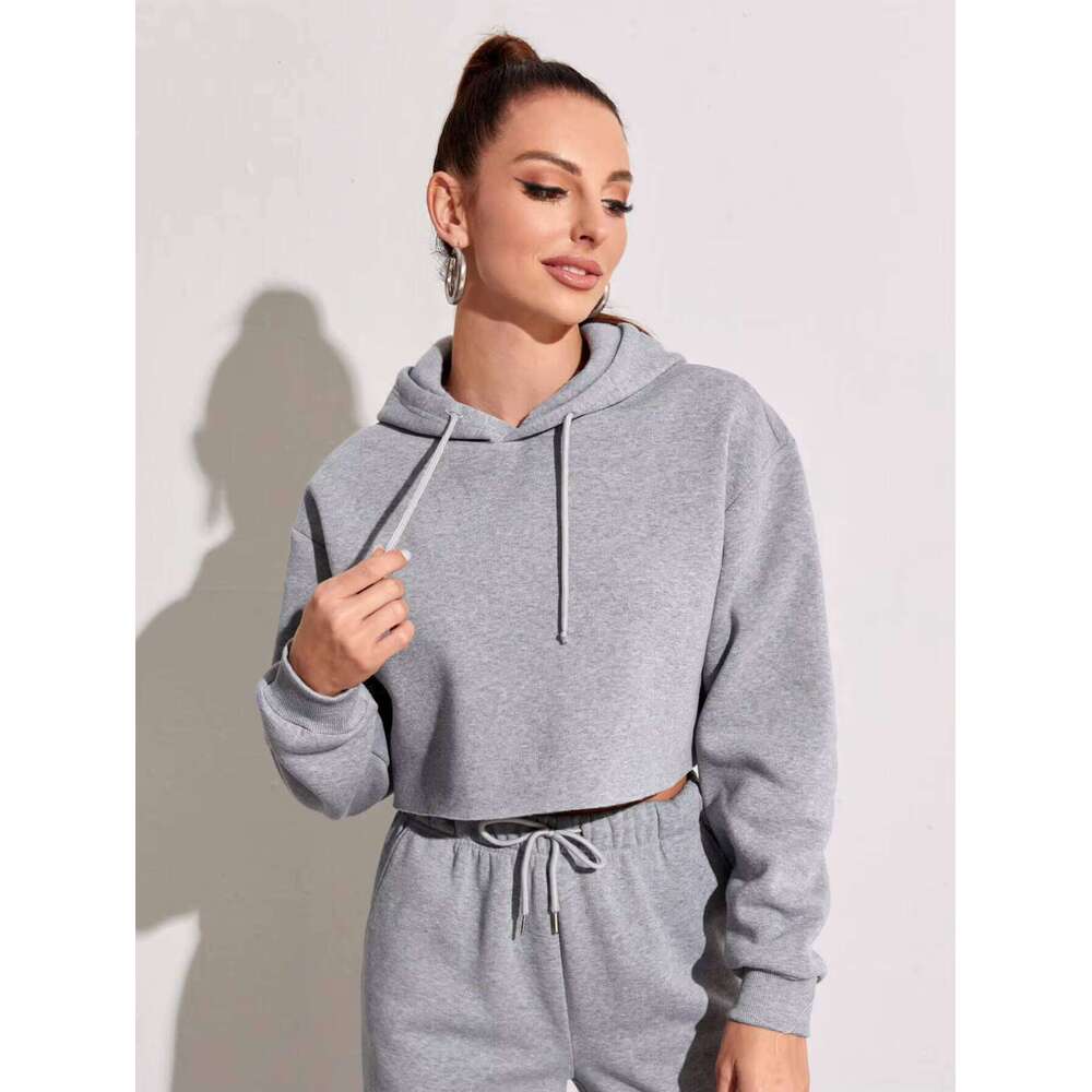 Premium Solid Color Long Sleeve Pullover Crop Sweatshirt Women's Hoodie Cotton Sports Streetwear