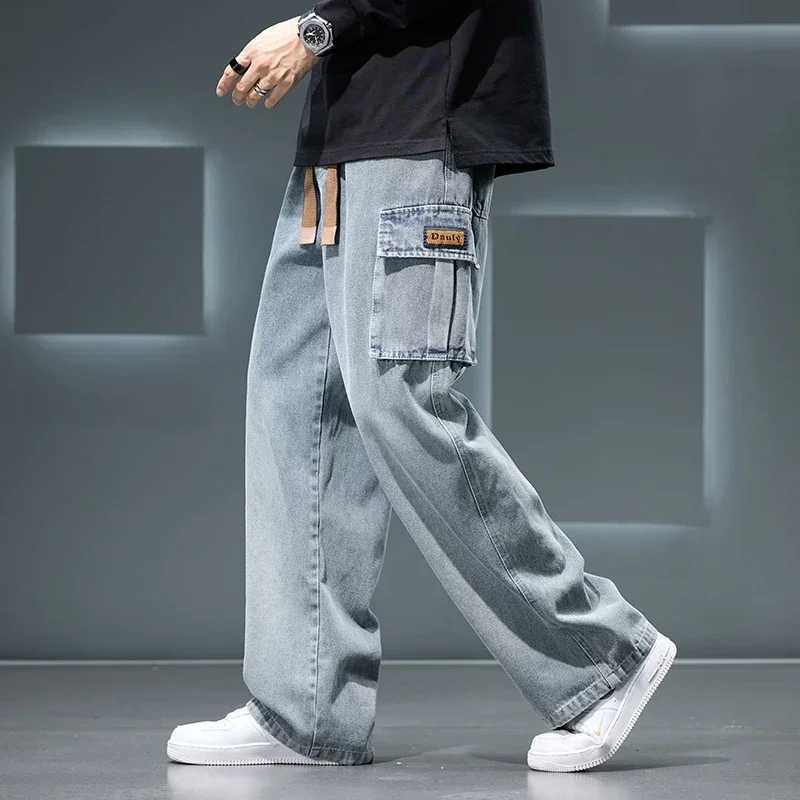 8XL Jeans New Wide Leg Washing Pants Men Trousers Neutral Solid Color Loose Casual Korean Fashion Pocket Plus Size Cargo Pants M250610