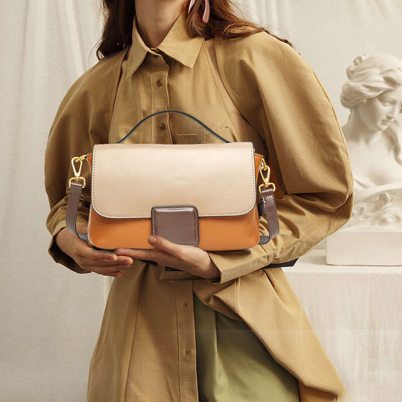 2025 New Top Layer Cowhide Women's Fashion Versatile Handbag Single Shoulder Crossbody Color Block Small Square Bag