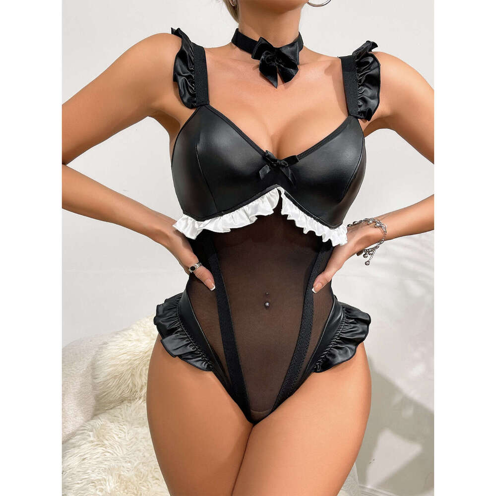 Spell Lingerie Porn Suits Lingerie Sexy Uniform Temptation Cute Bowknot PU Dead Stock Water One Piece Suit Set Sexy Lingerie