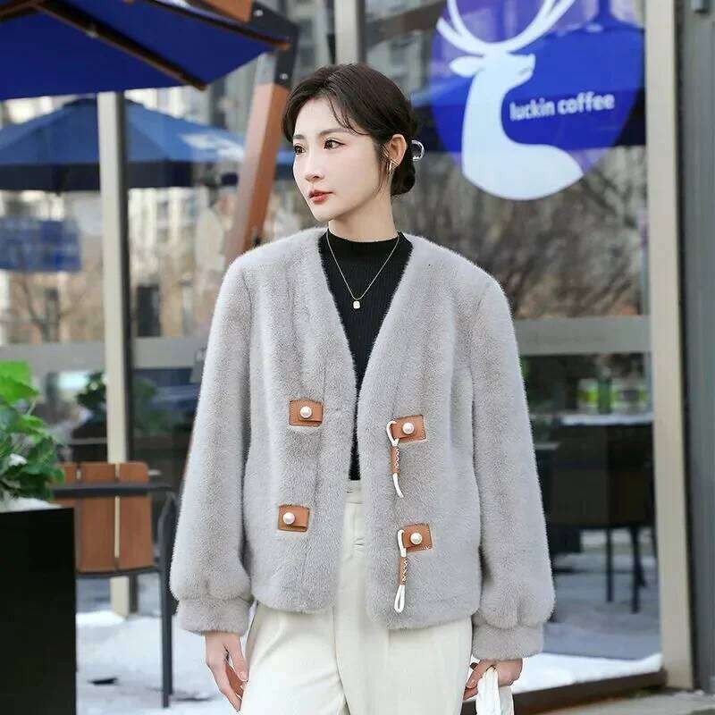 2024 Spring And Autumn Women Lazy New Eco Friendly Mink Fur Retro Chinese Loose Fit Coat Fashionable Pearl Buckle Cardigan