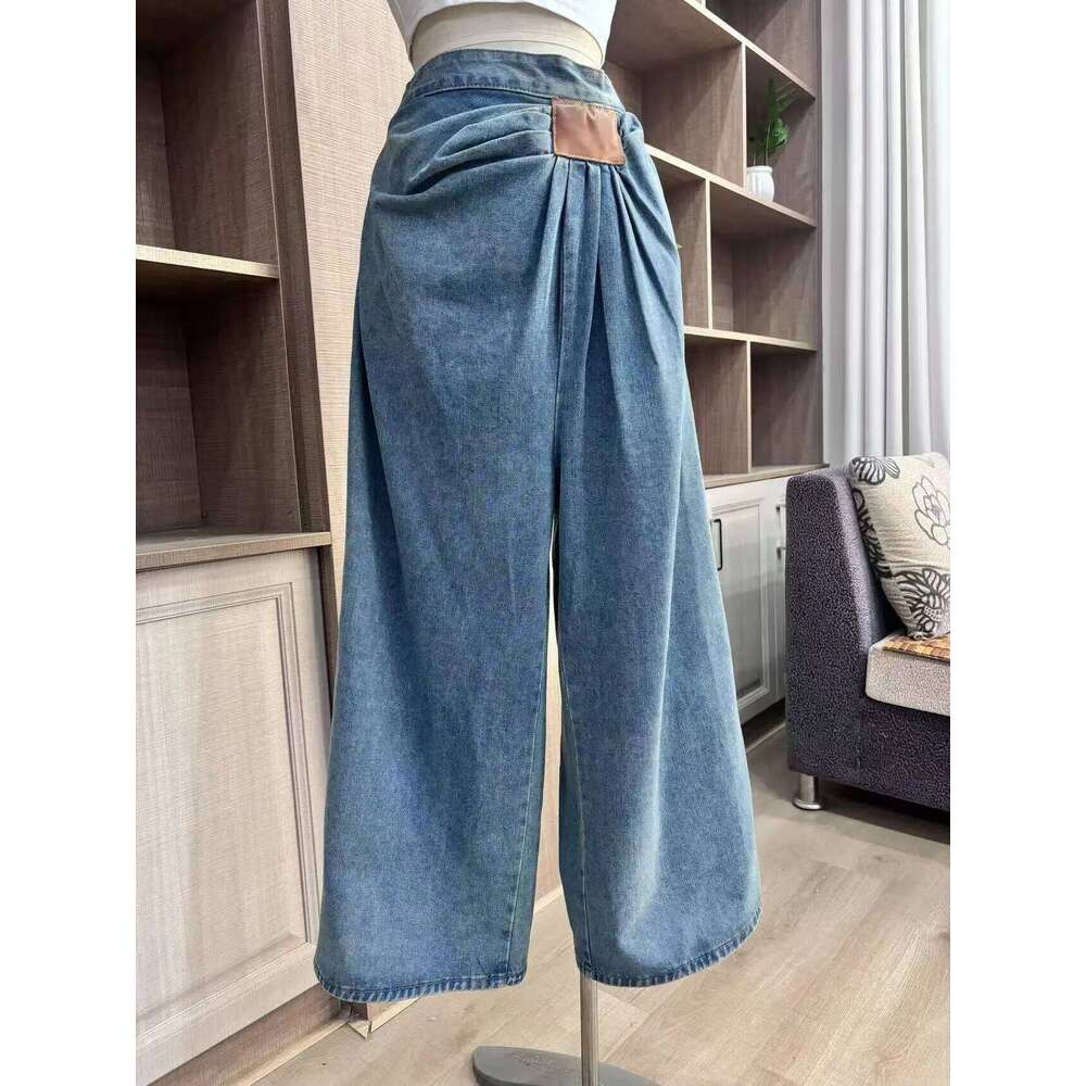 American Wide Leg Denim For Women In Spring And Autumn, Fashionable Pleated Design, Loose Floor Length Pants