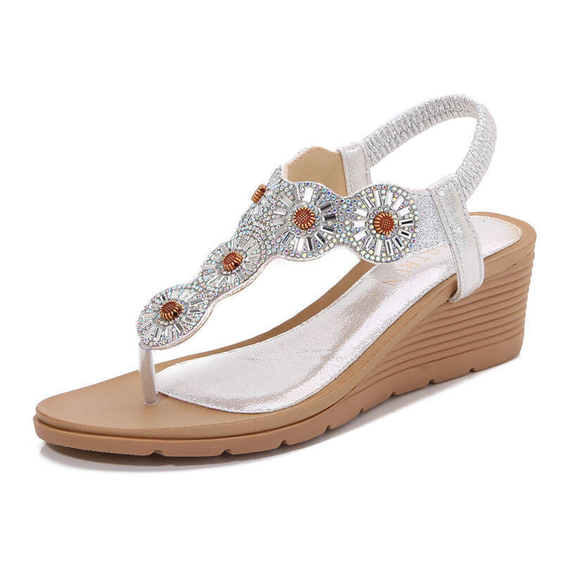 2025 Spring New Bohemian Round Toe Wedge for Women with Rhinestones Large Size Women's Sandals