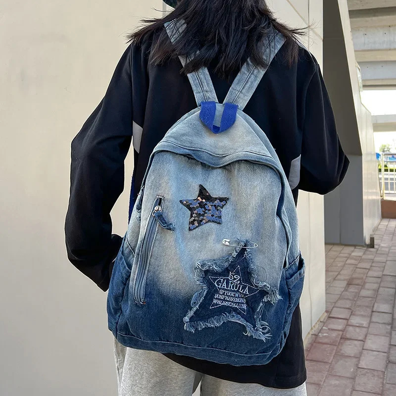 Y2K Korean Casual Denim Backpack Fashion Star Pattern Large Capacity Student Schoolbag Teenagers Vintage Punk Travel Book Bag 250606