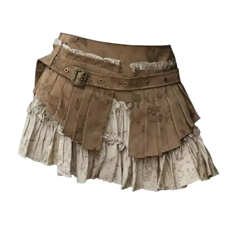 Womens Patchwork Aline Pleated Skirt Vintage Y2k Style Mini Harajuku Korean 2000s Chic Clothes Summer 250515