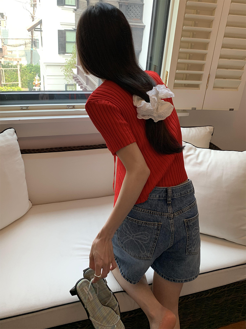 GC191 Summer Lace-up Sweater Women French Short Sleeve Cardigan Stretch Top Women