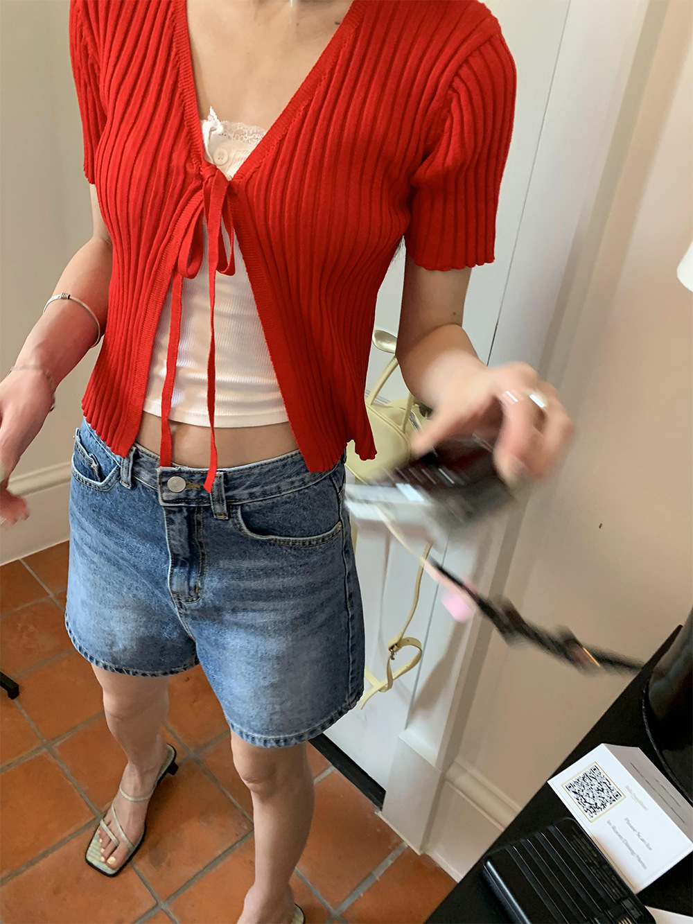 GC191 Summer Lace-up Sweater Women French Short Sleeve Cardigan Stretch Top Women