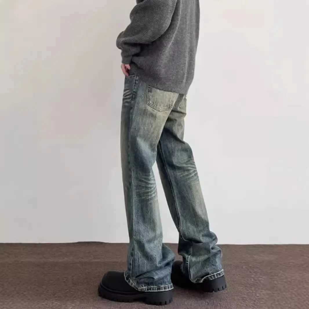 Vintage American Style Mens Straight-Leg Slimming Long Jeans Distressed Washing Denim Pants Trendy Brand Bootcut Pants M250610