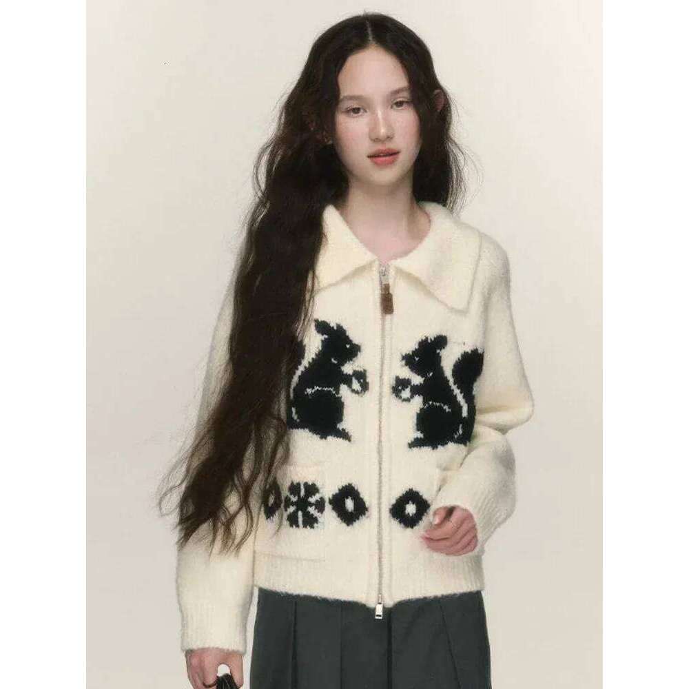 ADAgirl Kawaii Squirrel Graphic Women Cardigan Oversized Sweater Zipper Long Sleeve Knitwear Cutecore Christmas Winter Clothes