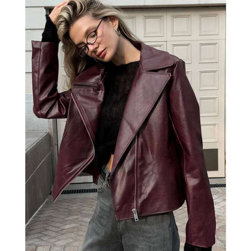Trendy Wine Red Faux Leather Jakcet Fashion Outerwear Thicken Zipper Lapel Pu Coats Autumn Winter Streetwear Ladies Tops Women