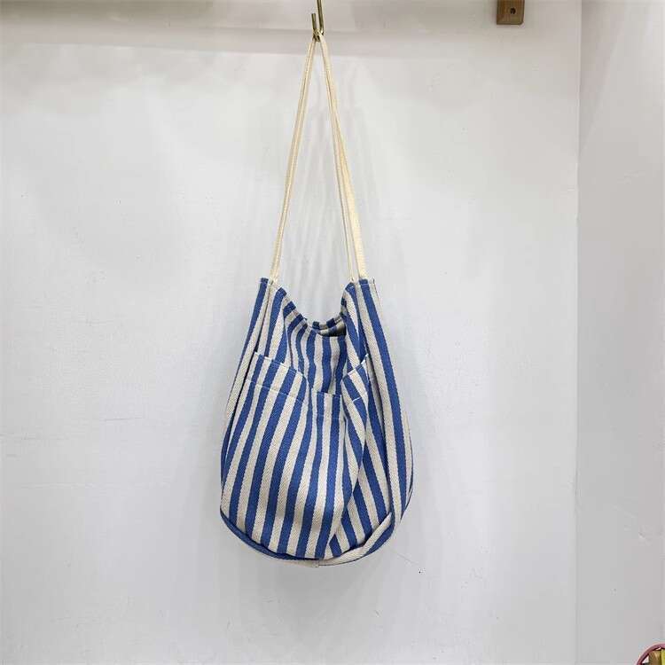 Korean Style Lazy Wind Literary Fresh Simple Striped Canvas 2024 New Large Capacity Tote Shoulder Bag Trend