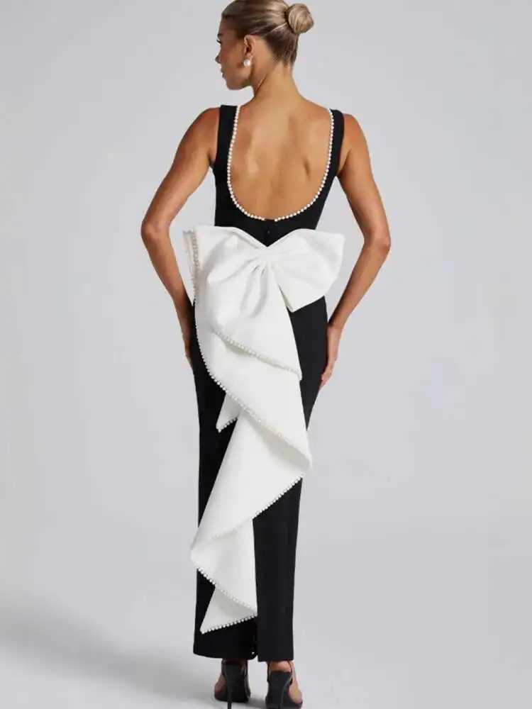 Mozision Elegant Pearl Bow Backless Sexy Maxi Dress Women Gown Fashion Sleeveless High Waist A-line Club Party Long Dress XJ250610