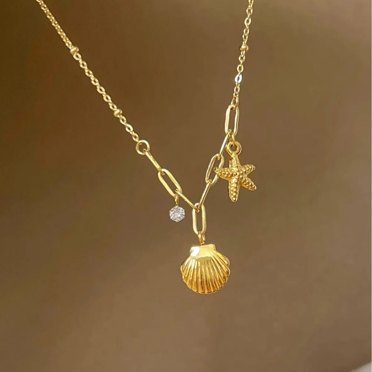 316L Stainless Steel Starfish Shell Zircon Pendant Necklace For Women Fashion Gift Gold Color Neck Chain Jewelry 250609
