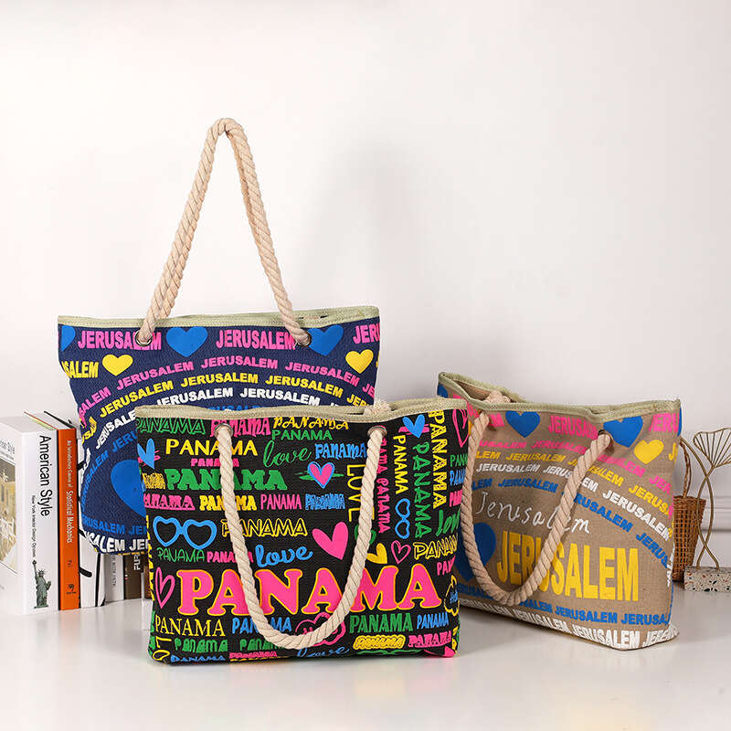 New Beach Printed Letter Personalized Shoulder Cotton Rope Tote Large Capacity Canvas Bag