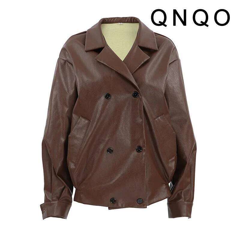 QNQO Faux Leather Jackets for Women Vintage Turn-down Collar Double-Breasted Coat Autumn Winter Fashion Female Loose Outerwear