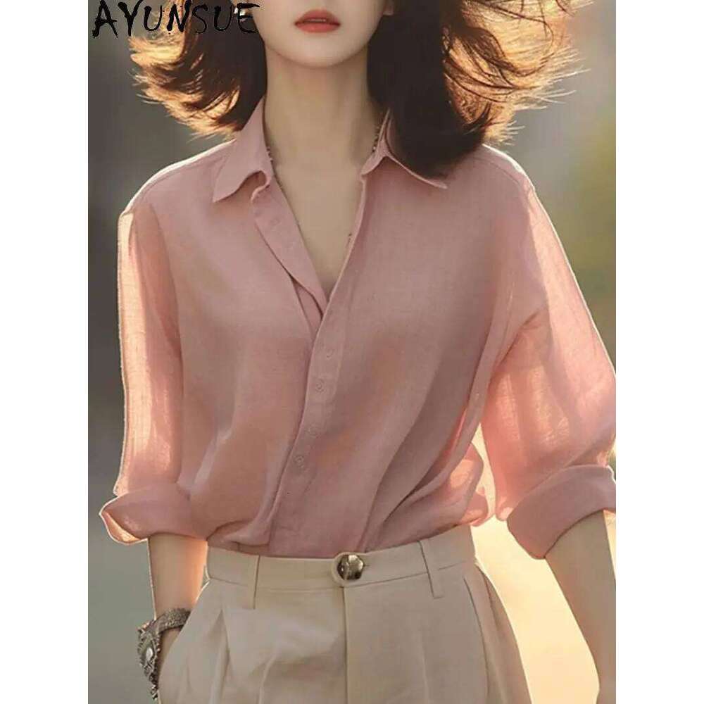 AYUNSUE Natural Mulberry Silk Blouse Sunscreen Shirts For Clothing Pink Tops Woman 2025 Blusa Elegante Spring Summer