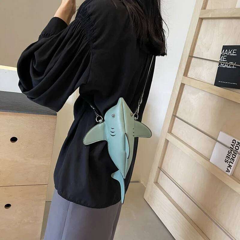 Girl Personality Cute Shark Design Pu Leather Casual Shoulder Tote Crossbody Mini Messenger Handbag Clutch Bag Purse