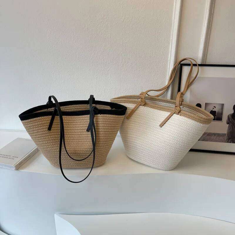 Women Beach Braided Basket Clutches Handlebag Portable Shoulder Travel Messenger Woven Bag Purses Shopper Satchel Female