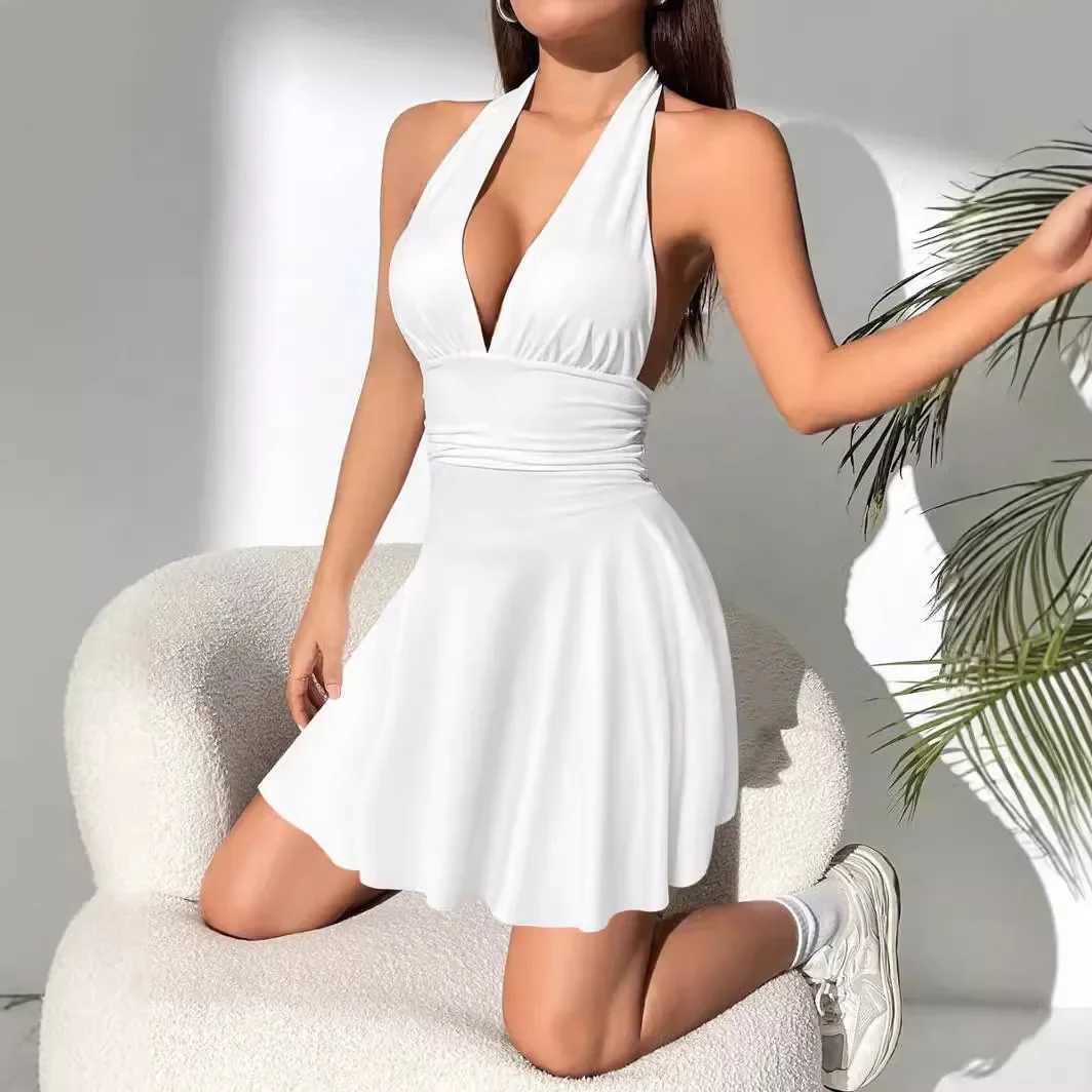 Strap Womens V-neck DressSummer Sexy Backless Pleated Women Party Dresses Mini Plus Size 3XL 2XL XL Backless Lace Up V-neckXJ250610