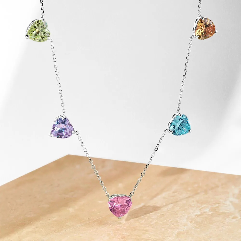 Genuine S925 Sterling Silver Necklace 5 Rainbow Heart Pendants Cubic Zircon Elegant Jewelry Gift for Women Wife Girlfriend 250609