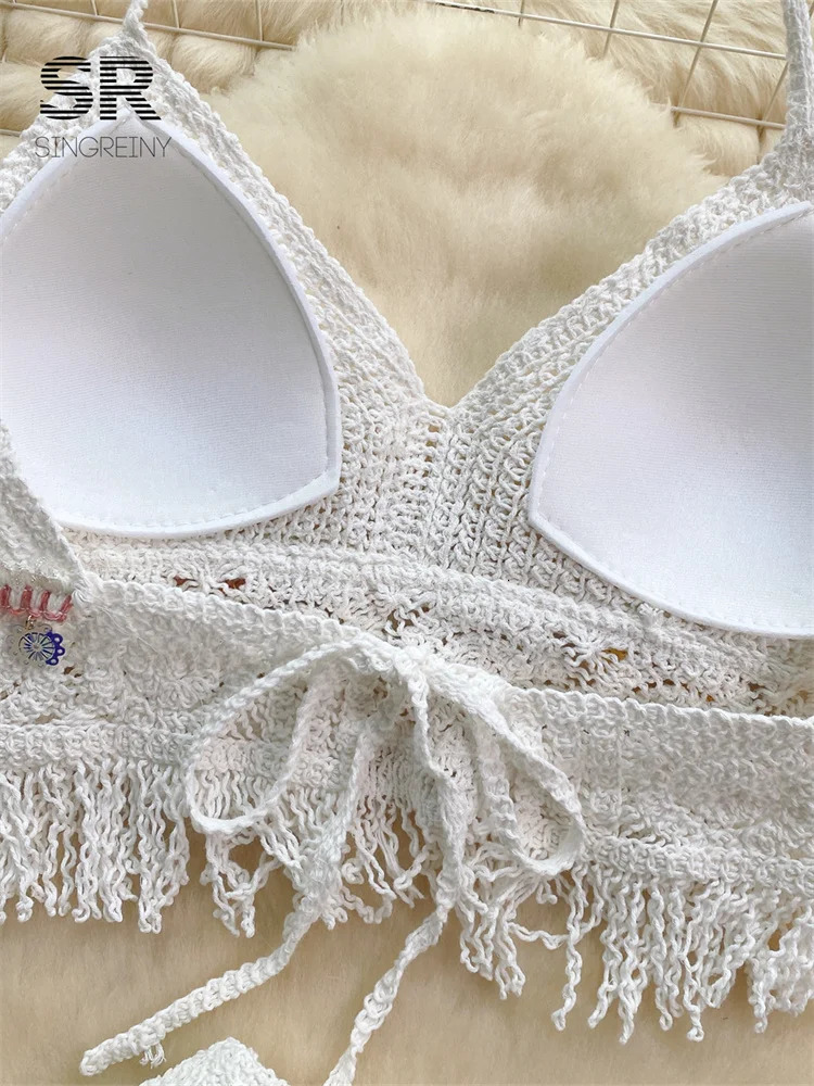SINGREINY Knit Bikini Two Piece Set Women Summer Backless Tassel Sequins Camisole Mini Skirt Retro Fashion Vacation Beach Suit 250609
