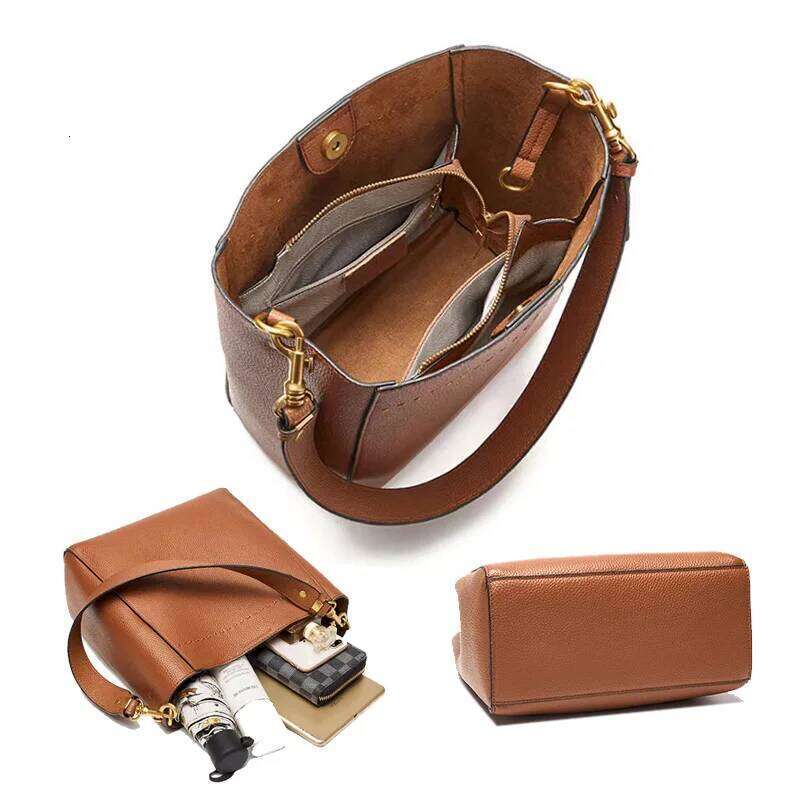 Famicare Women's Genuine Leather Tote Handbag 2022 New Retro Exquisite Large Capacity Bucket Lady Messenger Shoulder Bag