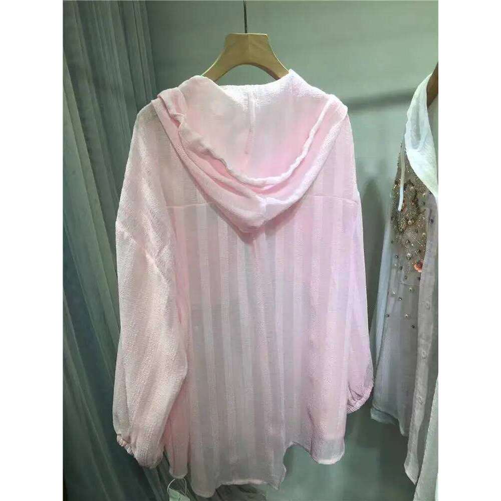 New 2025 Sparkle Pearls Sequins Oversize Buttons Up Hooded Sunscreen Shirts Blouses For Women Long Sleeve Tops