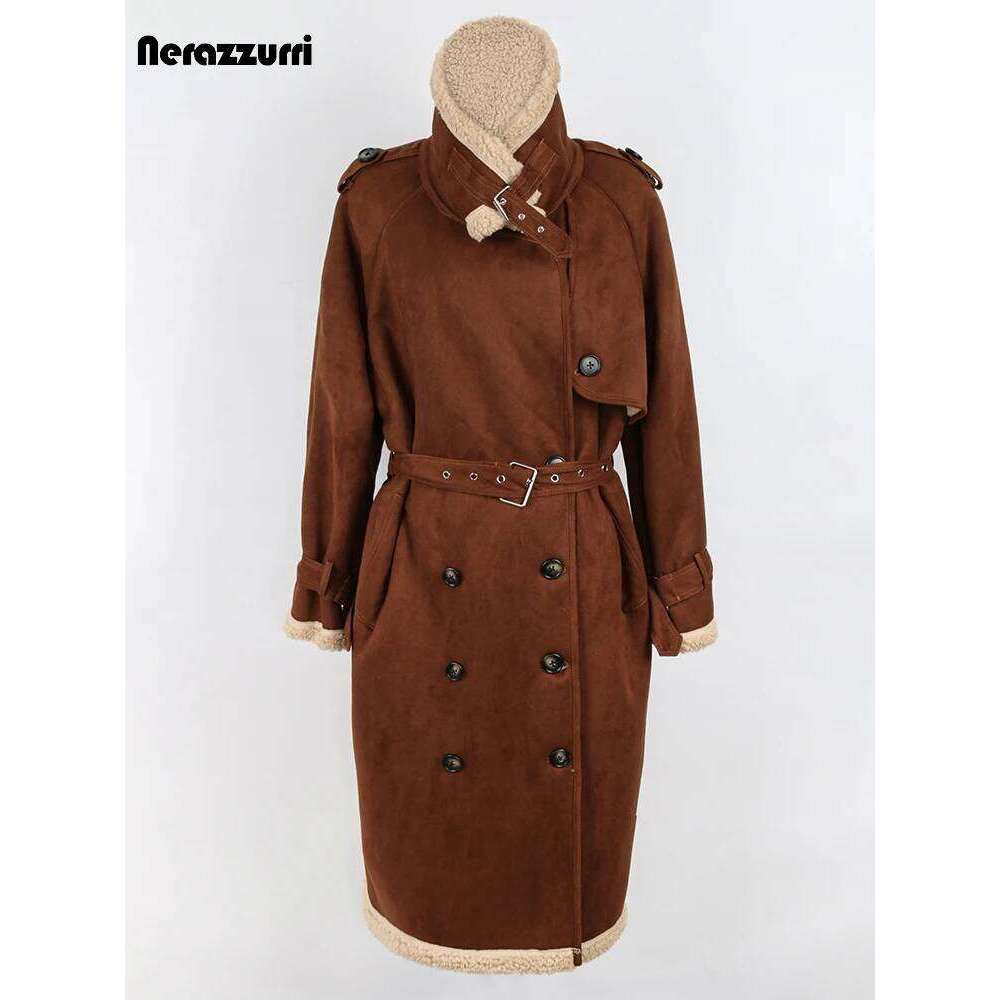 Nerazzurri Winter Long Brown Loose Stylish Cool Thickened Warm Soft Lamb Shearling Coat Women Faux Suede Sheepskin Overcoat 2022