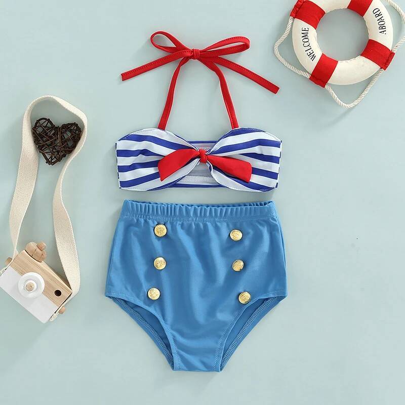 Yiiciovy Cute Baby Girls Swimwear 2 Pcs Bowknot Bikini Set Summer Hanging Neck Striped Top Elastic Waist Button Shorts