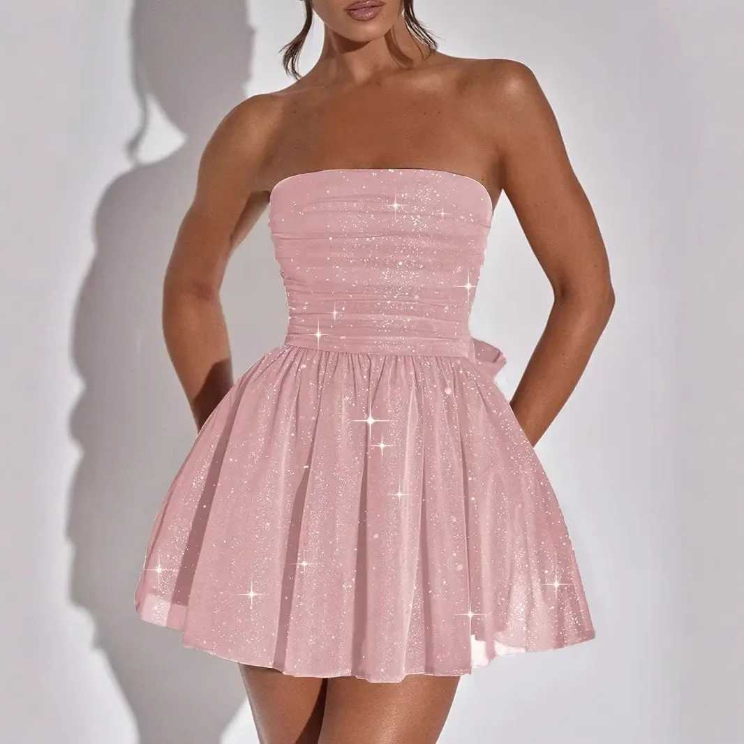 Temperament Mesh Sequin Strapless Tight Short Dresses For Women Sleeveless Back Bow Tie White Pink Elegant Evening Party Dress XJ250610