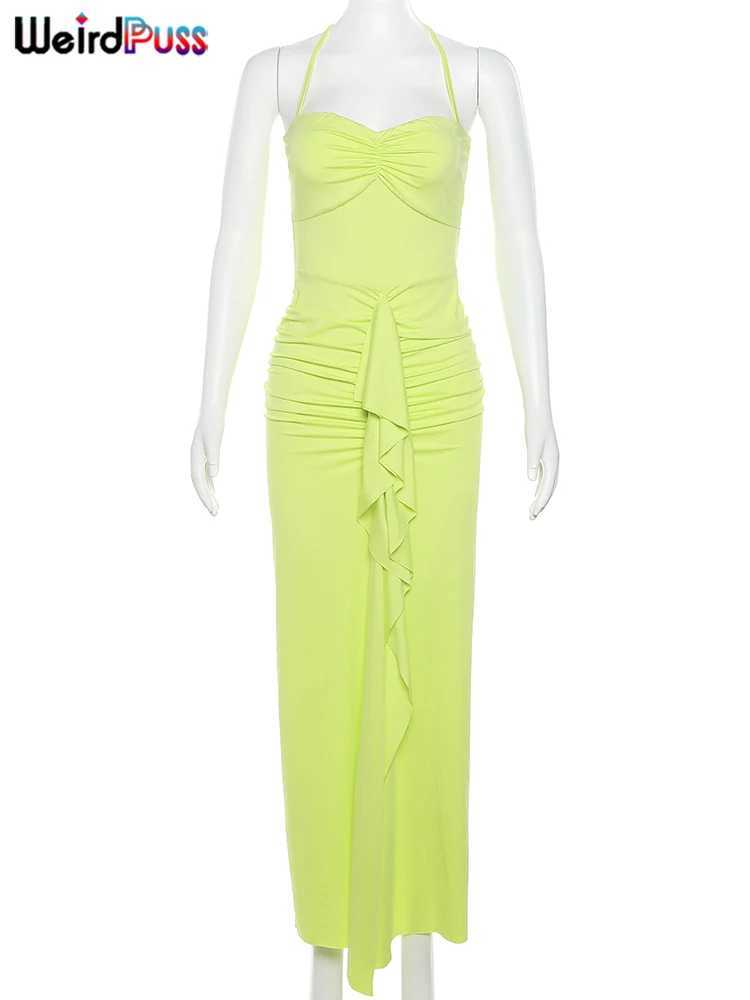 Weird Puss Ruffles Tassel Women Dress Halter Backless Open Split Ruched Peach Hip Bodycon Ladies Wedding Evening Party VestidosXJ250610