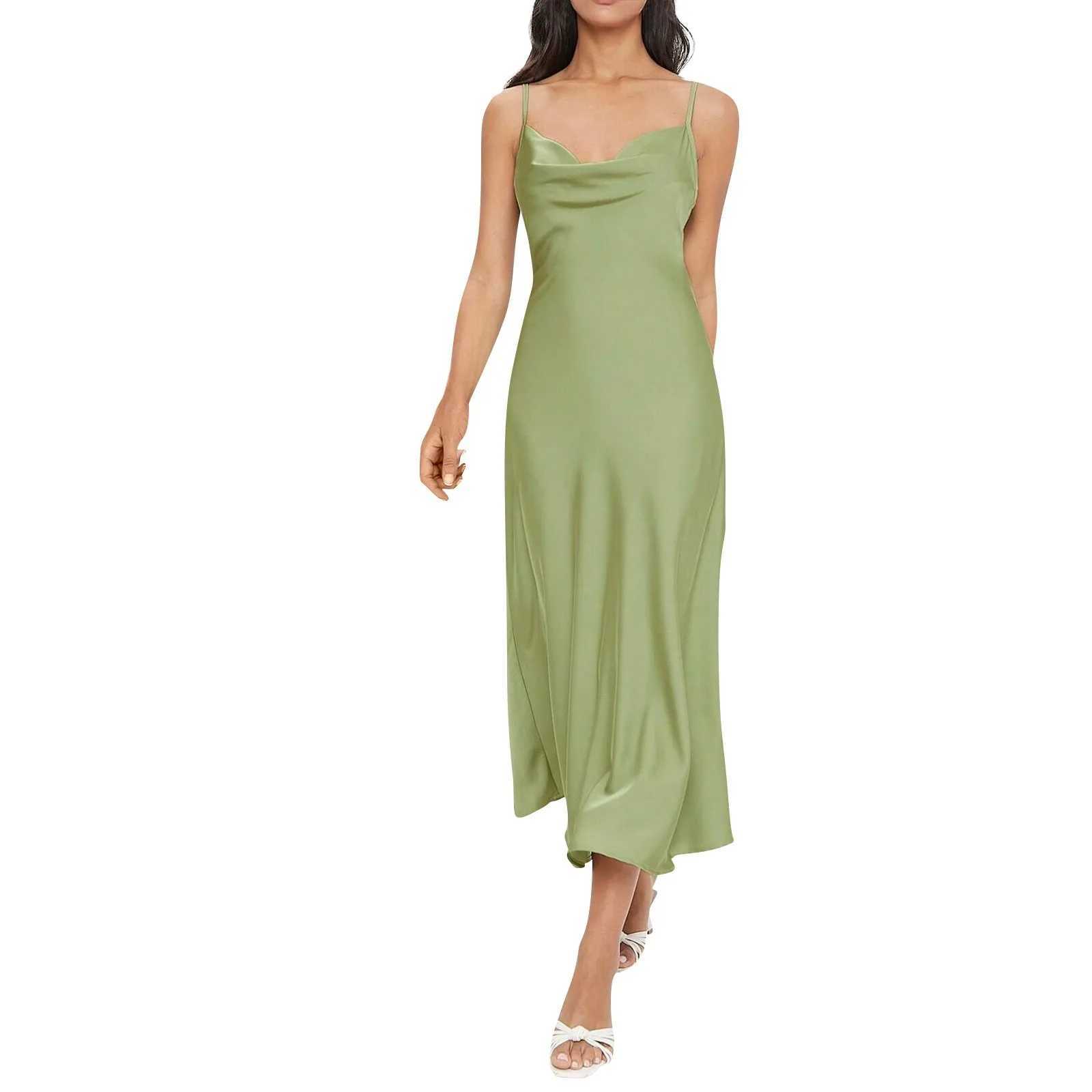 Ladies Elegant Summer Fashion Solid Color Satin Silk Suspender Dress Deep V-neck Slim Fit Pleated Dress For Evening Parties XJ250610
