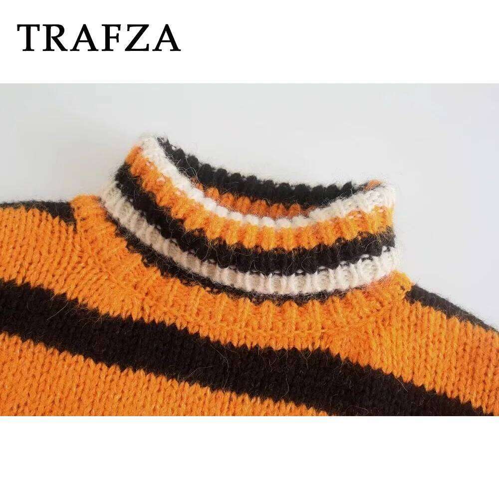TRAFZA Fashion 2024 Autumn Striped Patch Orange Pullover Turtleneck Oversized Streetwear Women Sweater Winter Casual Knitwear